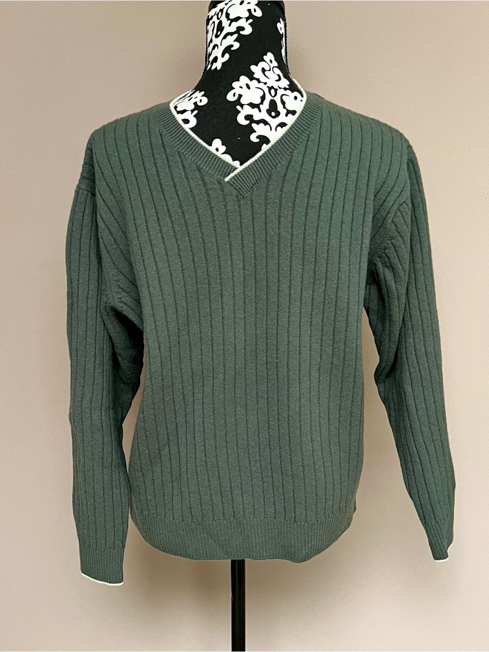 ADIDAS 2001 Vintage 100% Wool Ribbed V-Neck Sage/Gray Sweater